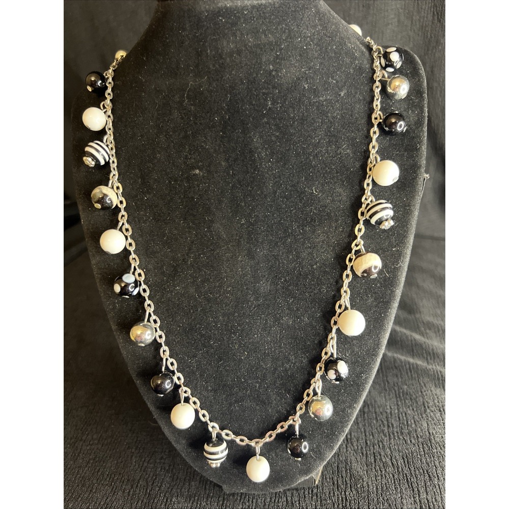 C1946 Black White Glass Bead Charm Necklace Mod Retro Polka Dot Silver Tone